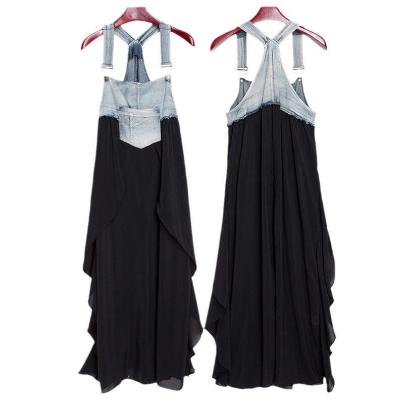2024 Summer New Korean Style plus size Loose Fashionable Casual Denim Stitching Chiffon Strap Denim dress Women