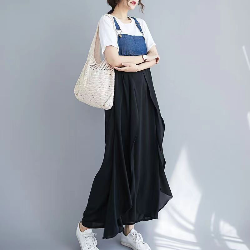 2024 Summer New Korean Style plus size Loose Fashionable Casual Denim Stitching Chiffon Strap Denim dress Women - Dark