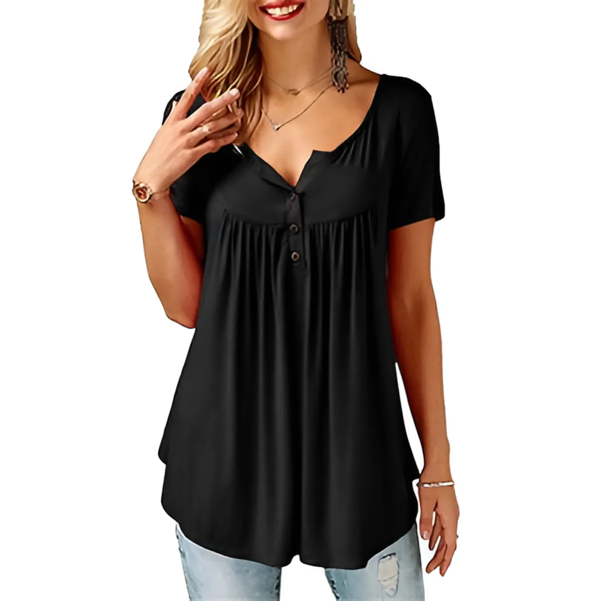 Women's Cotton V-Neck T-Shirt Relaxed Fit Short Sleeve