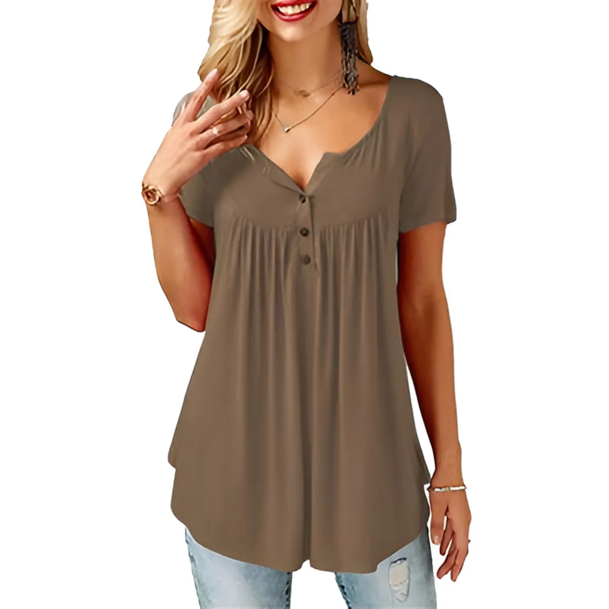 Women's Cotton V-Neck T-Shirt Relaxed Fit Short Sleeve