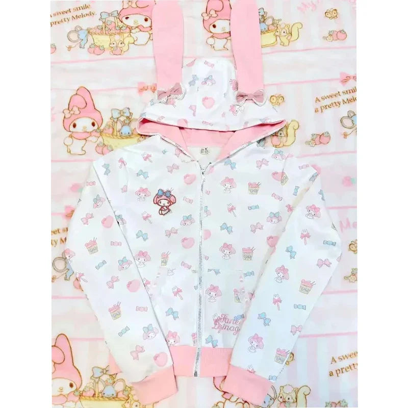 Sanrio My Melody Harajuku Japanese Kawaii Sweatshirts Cartoon Y2K Pink Subculture Bow Zip Up Hoodie Women Slim Anime
