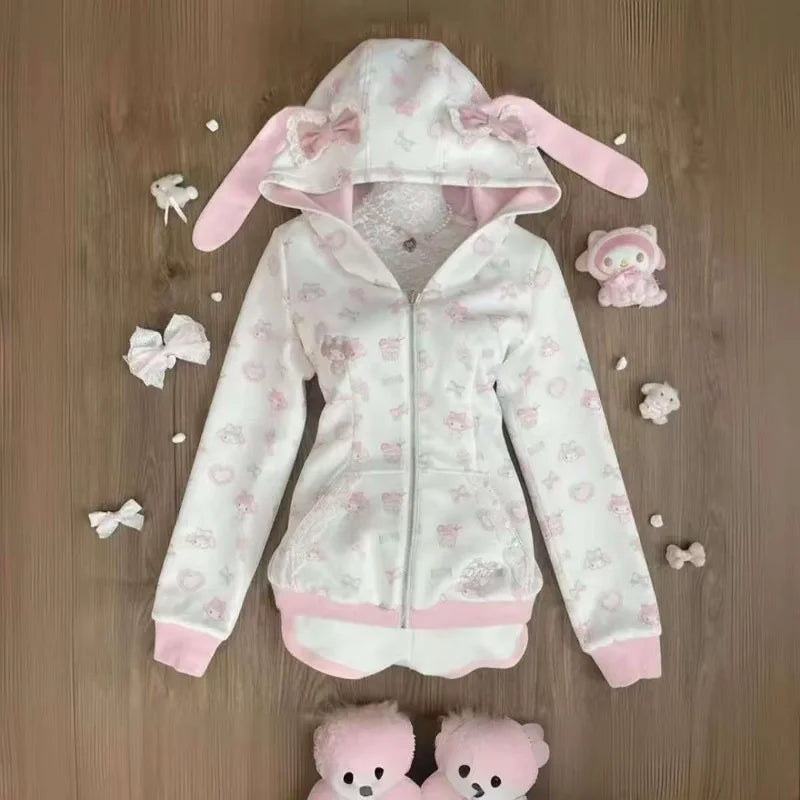 Sanrio My Melody Harajuku Japanese Kawaii Sweatshirts Cartoon Y2K Pink Subculture Bow Zip Up Hoodie Women Slim Anime
