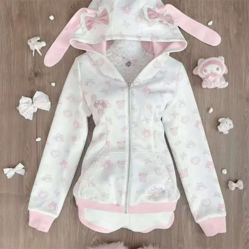 Sanrio My Melody Harajuku Japanese Kawaii Sweatshirts Cartoon Y2K Pink Subculture Bow Zip Up Hoodie Women Slim Anime
