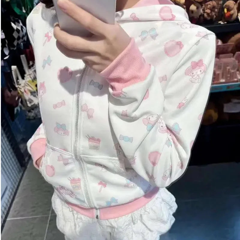 Sanrio My Melody Harajuku Japanese Kawaii Sweatshirts Cartoon Y2K Pink Subculture Bow Zip Up Hoodie Women Slim Anime