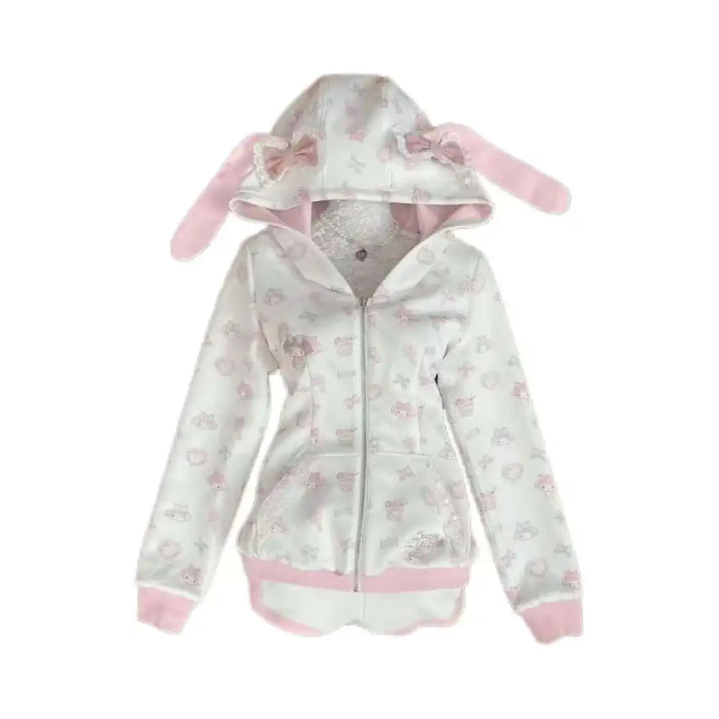 Sanrio My Melody Harajuku Japanese Kawaii Sweatshirts Cartoon Y2K Pink Subculture Bow Zip Up Hoodie Women Slim Anime