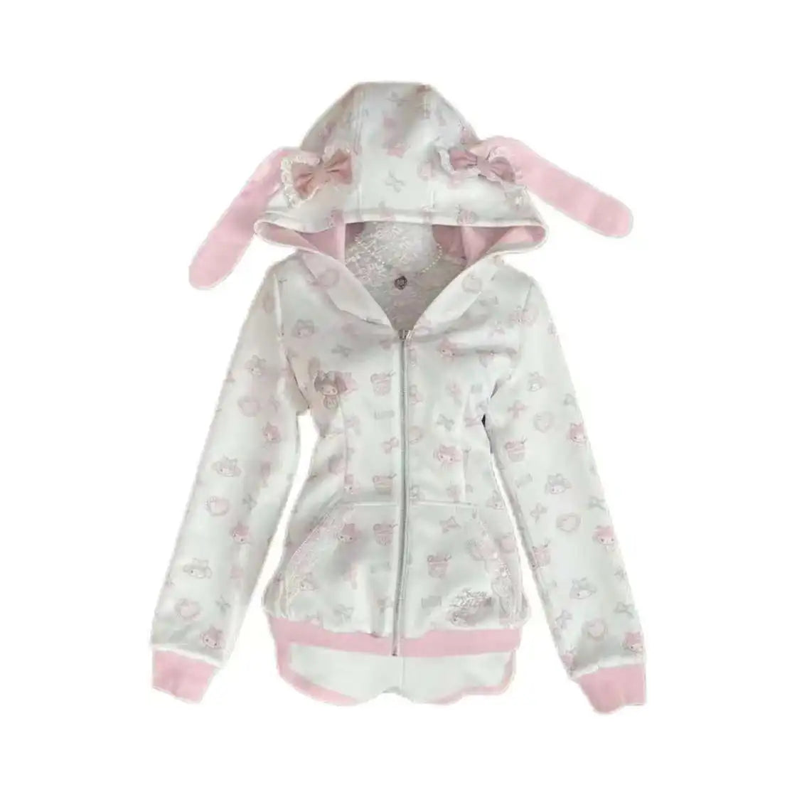 Sanrio My Melody Harajuku Japanese Kawaii Sweatshirts Cartoon Y2K Pink Subculture Bow Zip Up Hoodie Women Slim Anime