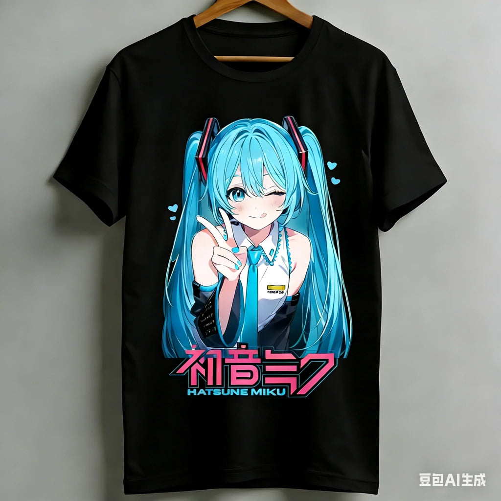 Kawaii Miku T-shirt Cute Vocal Anime Pattern Children’s Girls Casual Short Sleeved Top Women’s Men’s Women’s Cotton