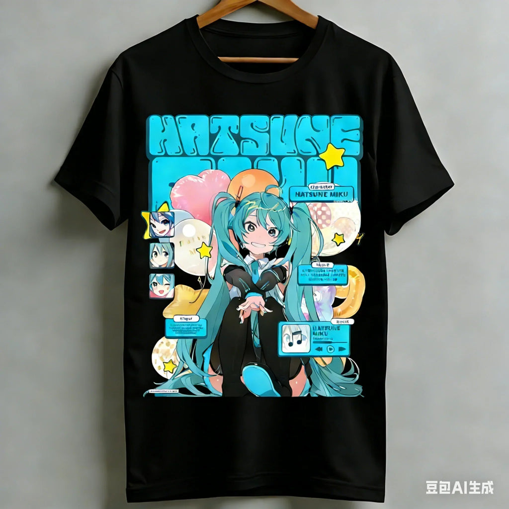 Kawaii Miku T-shirt Cute Vocal Anime Pattern Children’s Girls Casual Short Sleeved Top Women’s Men’s Women’s Cotton