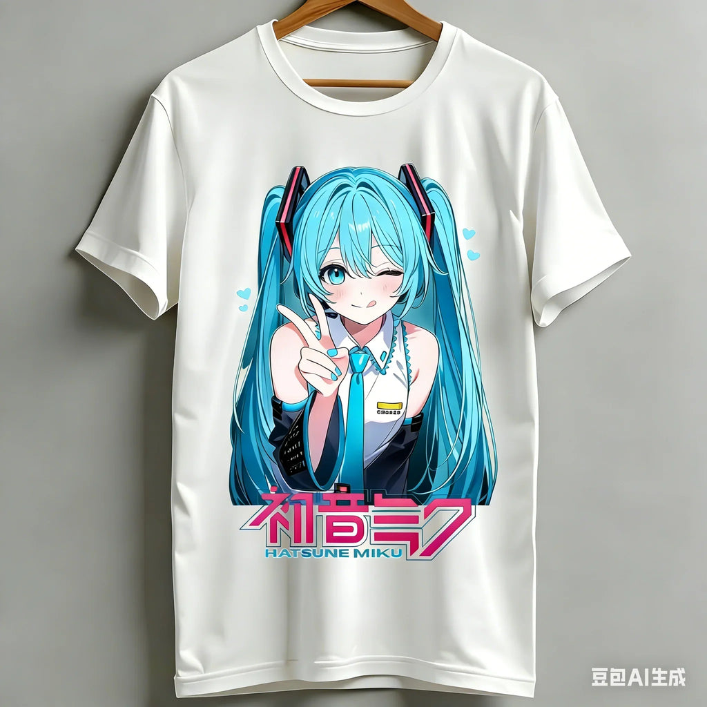 Kawaii Miku T-shirt Cute Vocal Anime Pattern Children’s Girls Casual Short Sleeved Top Women’s Men’s Women’s Cotton