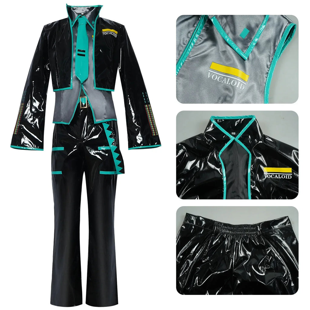 Mikuo Male Miku Cosplay Costume Uniform Wig Anime Clothes Black PU Leather Jacket Pants Fancy Halloween Party Outfit