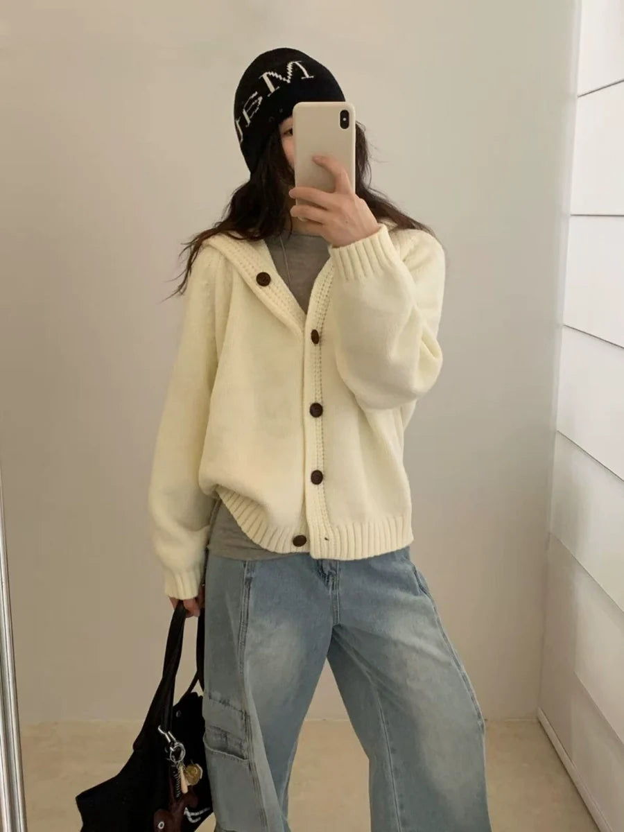 Korean Lazy-Style Hooded Knit Cardigan - kawaii-inspired outfit in pastel colors - 13682777