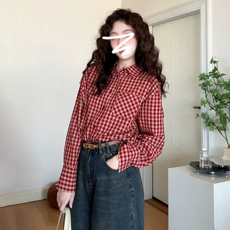 Retro Red Plaid Long-Sleeve Shirt - kawaii-inspired outfit in pastel colors - 59472460