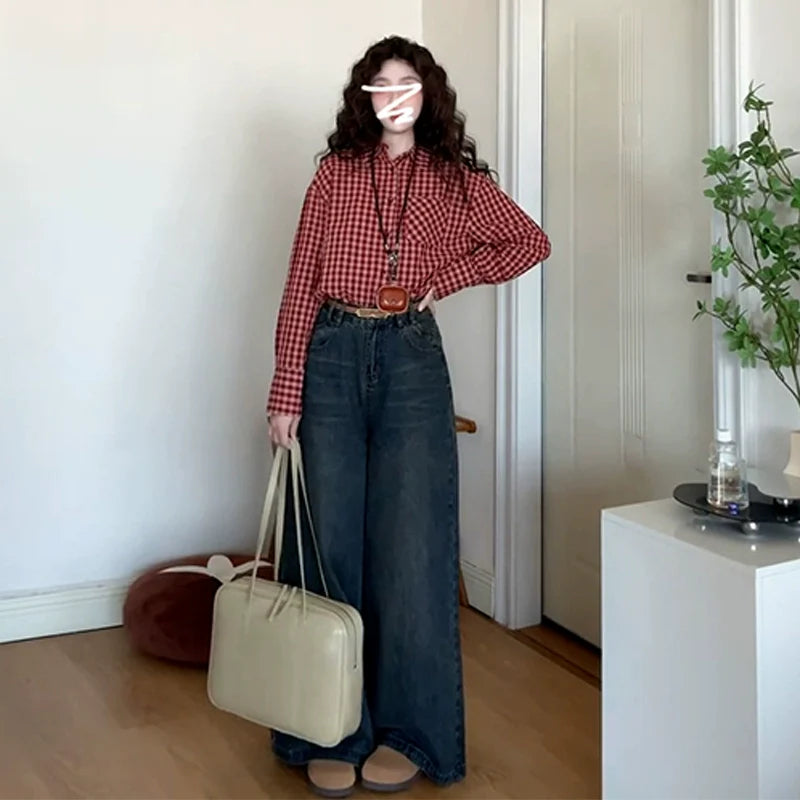 Retro Red Plaid Long-Sleeve Shirt - kawaii-inspired outfit in pastel colors - 14316044