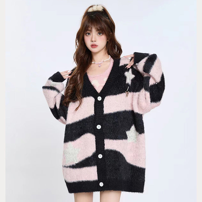 Fuzzy Striped Knit Cardigan Sweater - kawaii-inspired outfit in pastel colors - 42702376