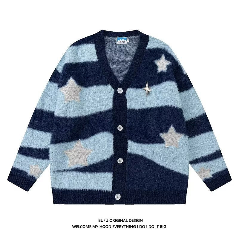 Fuzzy Striped Knit Cardigan Sweater - kawaii-inspired outfit in pastel colors - 55048072