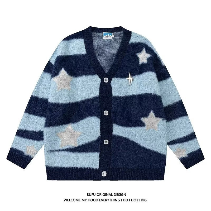 Fuzzy Striped Knit Cardigan Sweater - kawaii-inspired outfit in pastel colors - 87455511