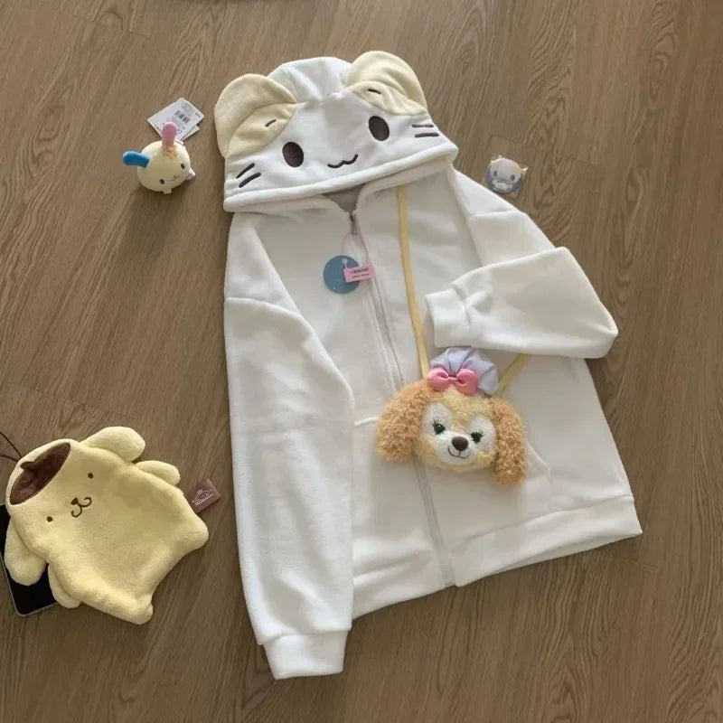 Kawaii Lolita Style Women Fleece Hoodies Cutecore Oversize Japanese Soft Girl Zipper Sweatshirt Casual Cartoon Cardigan