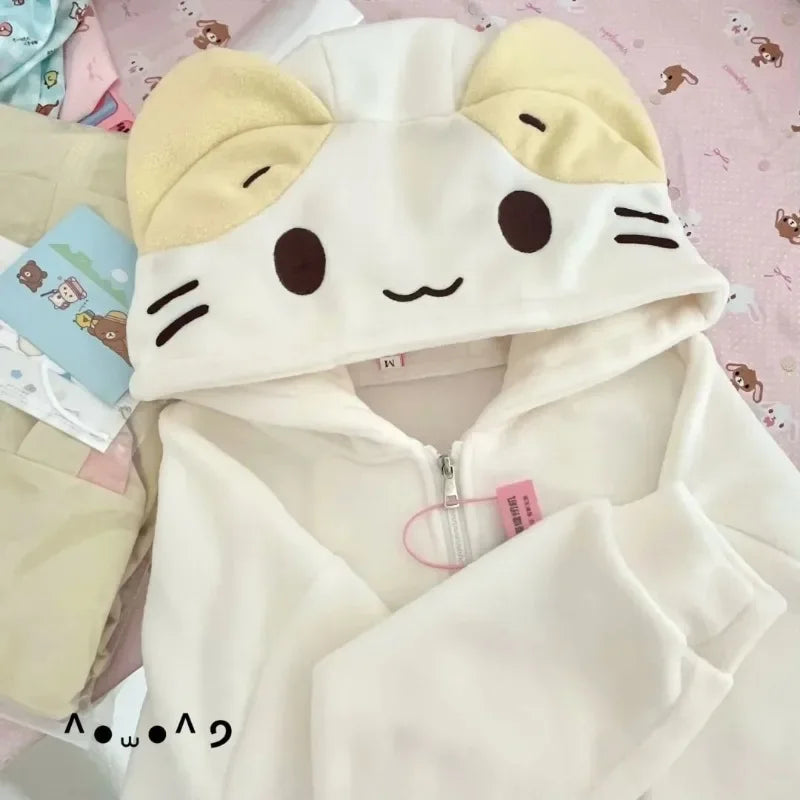 Kawaii Lolita Style Women Fleece Hoodies Cutecore Oversize Japanese Soft Girl Zipper Sweatshirt Casual Cartoon Cardigan