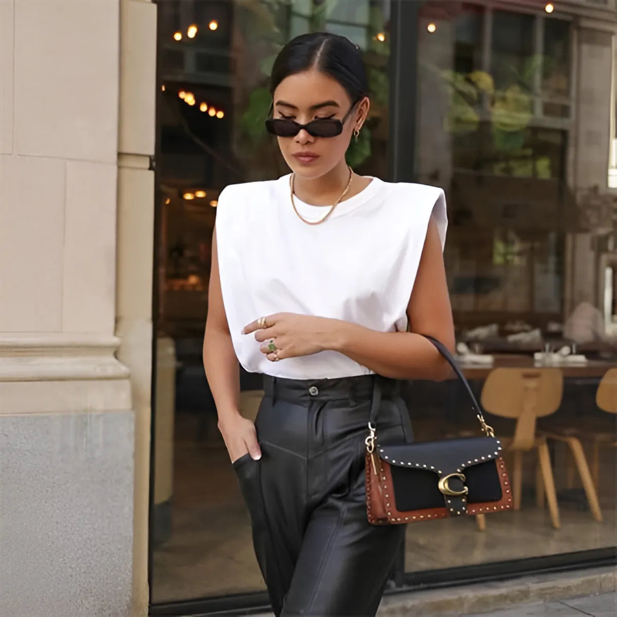 Padded Shoulder Blouse for Women Cotton Crew Neck Relaxed Fit