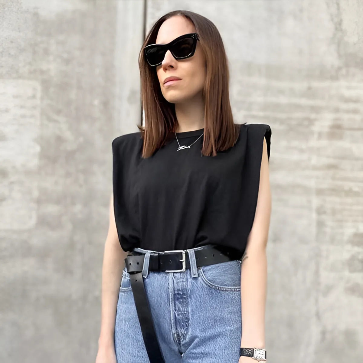 Padded Shoulder Blouse for Women Cotton Crew Neck Relaxed Fit