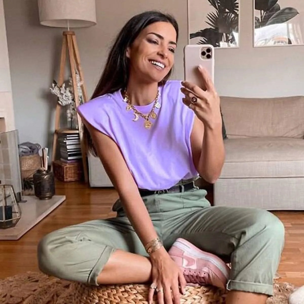Padded Shoulder Blouse for Women Cotton Crew Neck Relaxed Fit