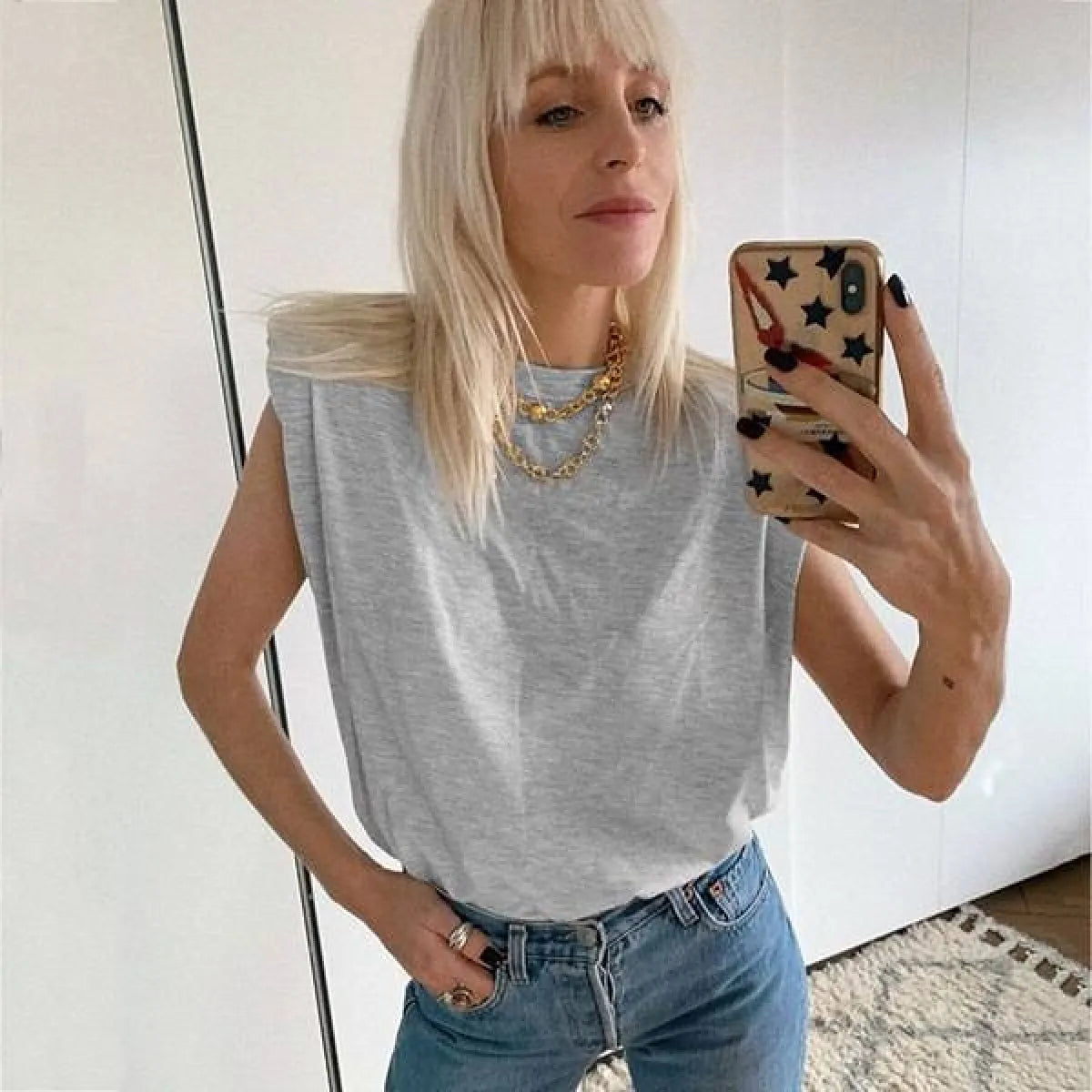 Padded Shoulder Blouse for Women Cotton Crew Neck Relaxed Fit