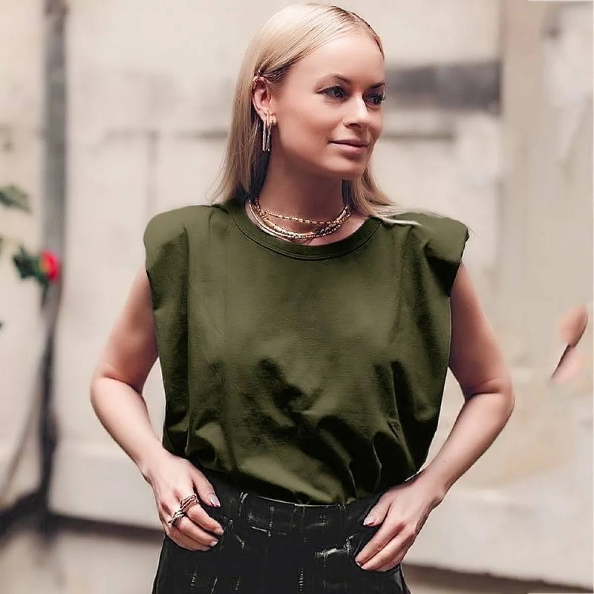 Padded Shoulder Blouse for Women Cotton Crew Neck Relaxed Fit