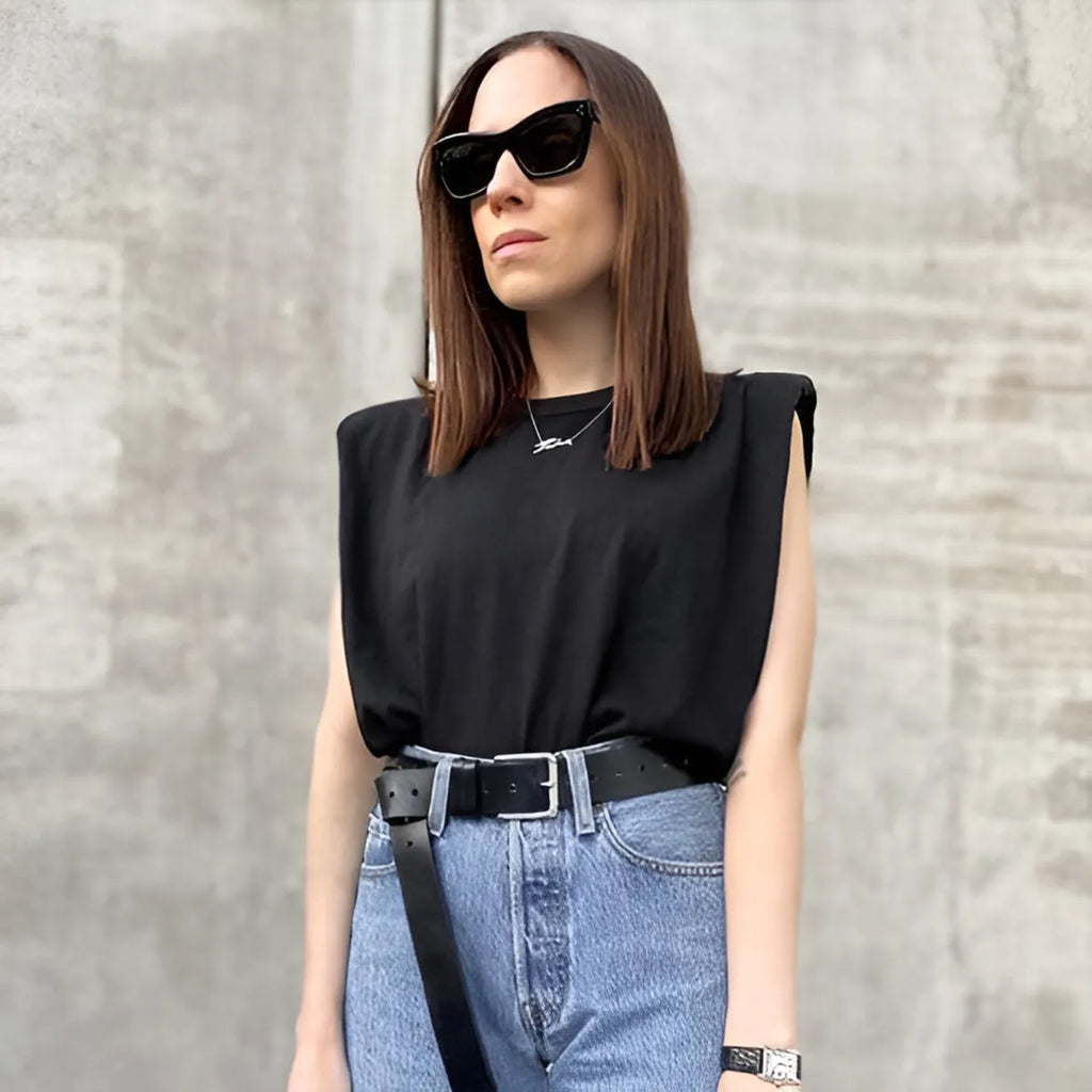 Padded Shoulder Blouse for Women Cotton Crew Neck Relaxed Fit - Black / M - Padded Shoulder Blouse