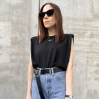 Padded Shoulder Blouse for Women Cotton Crew Neck Relaxed Fit - Black / M - Padded Shoulder Blouse