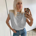Padded Shoulder Blouse for Women Cotton Crew Neck Relaxed Fit - Gray / M - Padded Shoulder Blouse