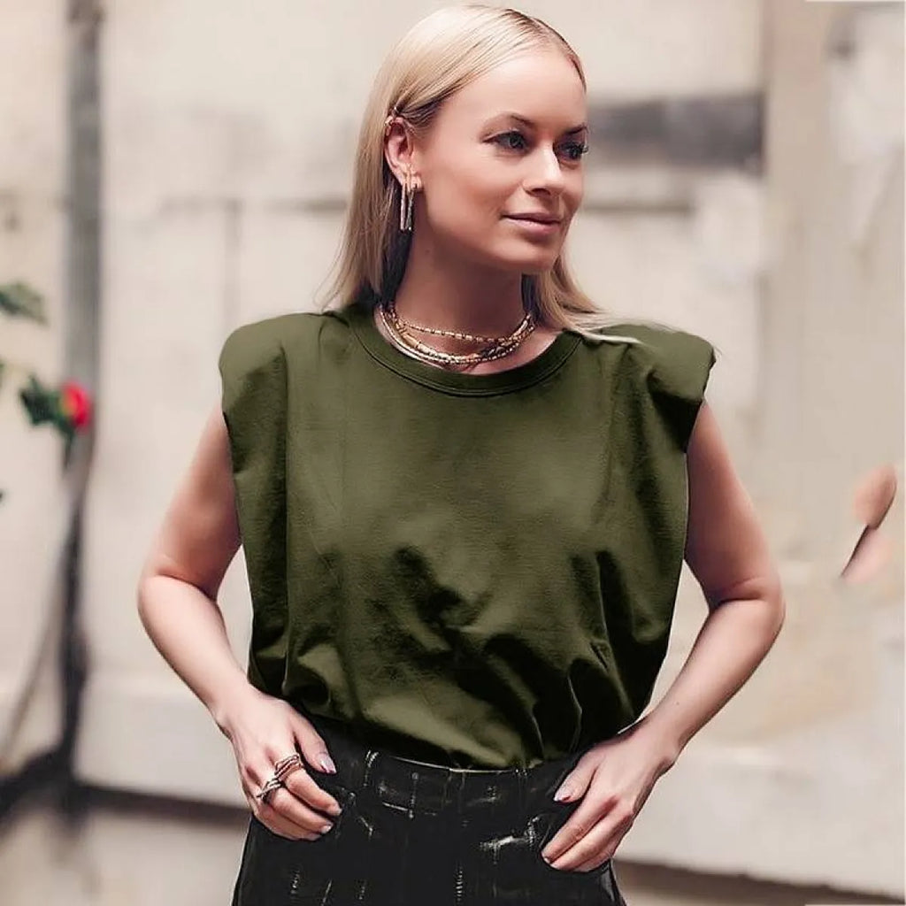 Padded Shoulder Blouse for Women Cotton Crew Neck Relaxed Fit - Green / M - Padded Shoulder Blouse