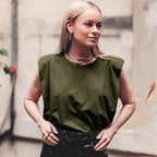 Padded Shoulder Blouse for Women Cotton Crew Neck Relaxed Fit - Green / M - Padded Shoulder Blouse