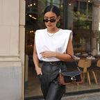Padded Shoulder Blouse for Women Cotton Crew Neck Relaxed Fit - White / M - Padded Shoulder Blouse