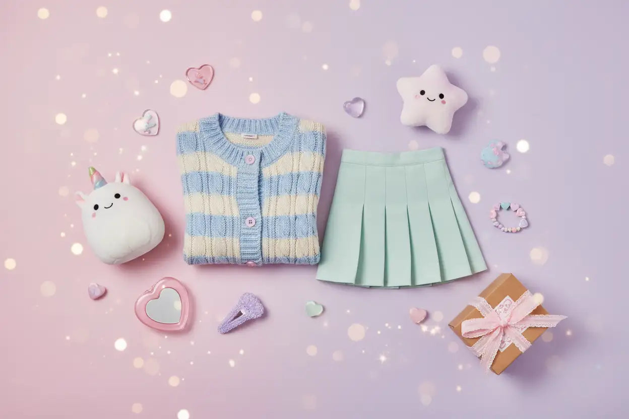 Pastel blue and cream striped knit cardigan with pink buttons