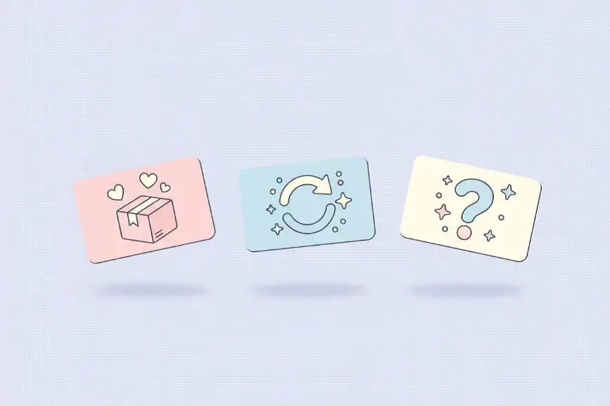 Three colorful cards with icons on a light blue background