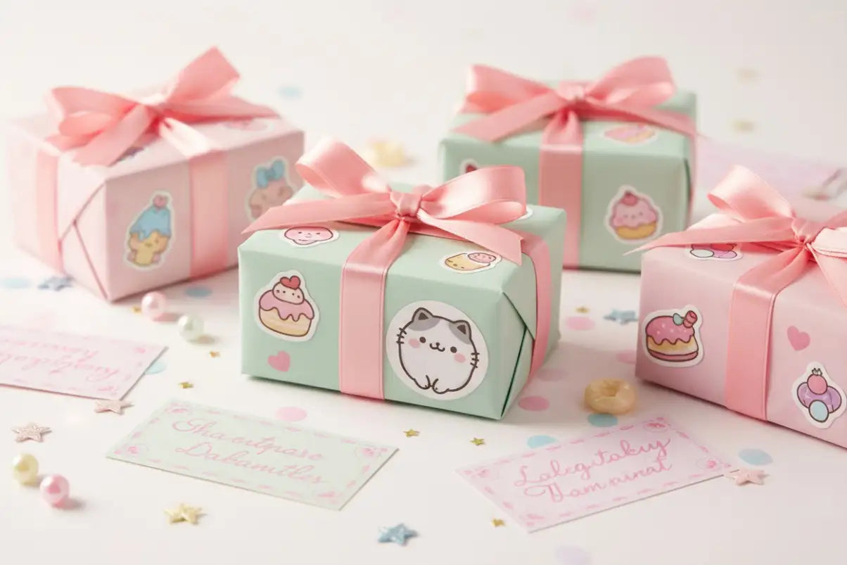 Pastel mint green gift box adorned with a cute cartoon cat sticker and tied with a soft pink satin ribbon.