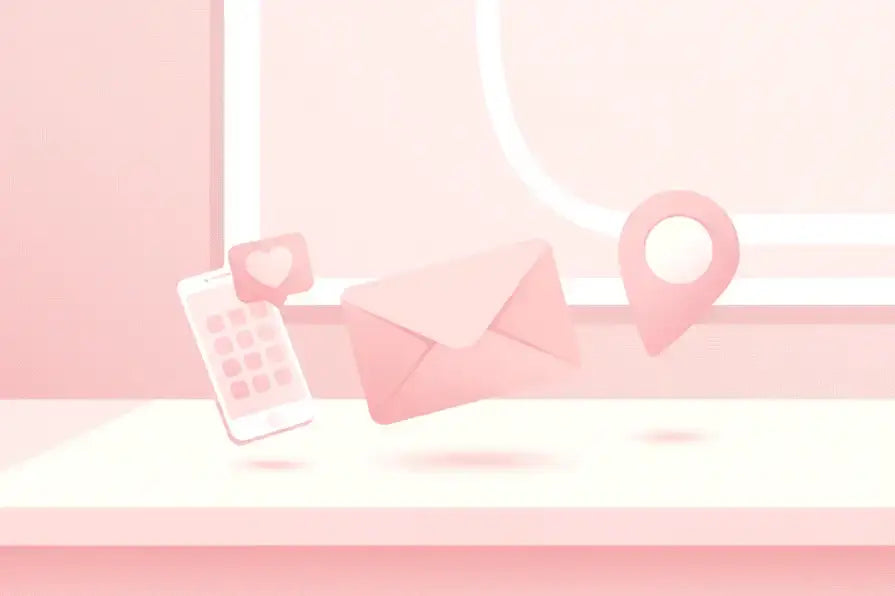 Pink icons of a phone, envelope, and map marker on a light pink background