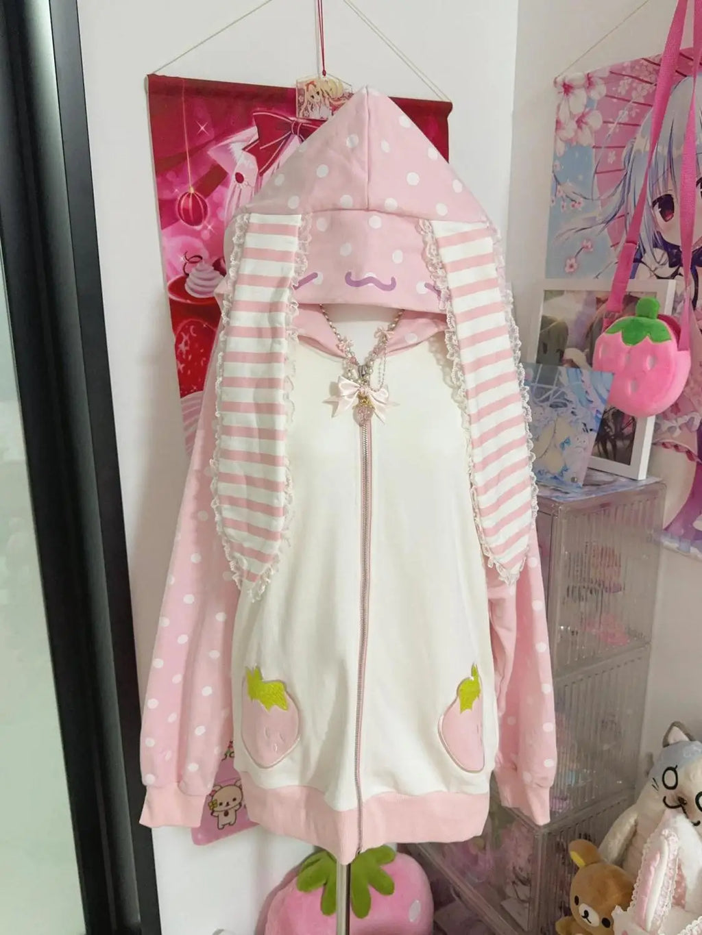 Autumn Japanese Pink Patchwork Overcoat Women’s Sweet Kawaii Zipper Lace Polka Dot Hoodie 2025 New Loose Lovely