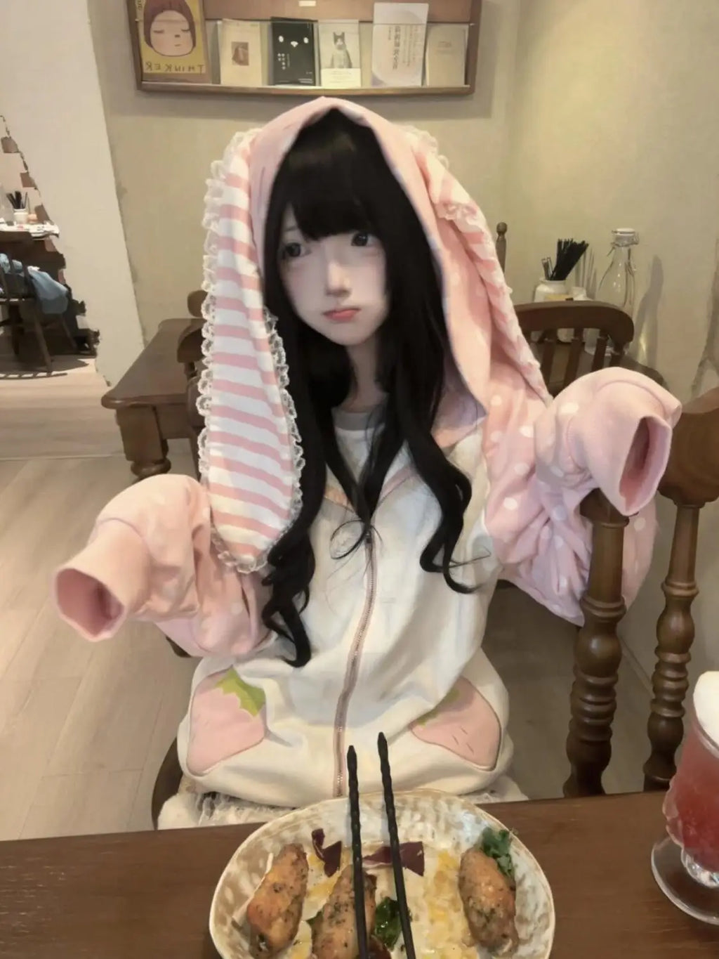 Autumn Japanese Pink Patchwork Overcoat Women’s Sweet Kawaii Zipper Lace Polka Dot Hoodie 2025 New Loose Lovely