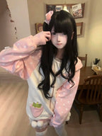 Autumn Japanese Pink Patchwork Overcoat Women’s Sweet Kawaii Zipper Lace Polka Dot Hoodie 2025 New Loose Lovely