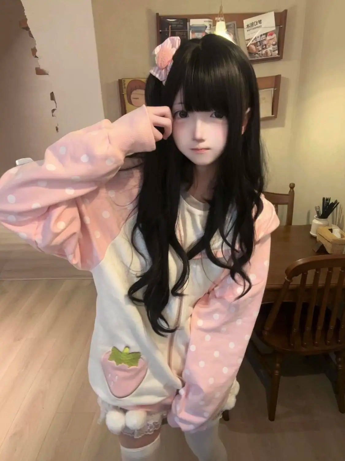 Autumn Japanese Pink Patchwork Overcoat Women’s Sweet Kawaii Zipper Lace Polka Dot Hoodie 2025 New Loose Lovely