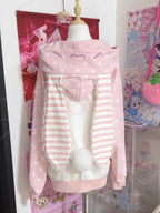 Autumn Japanese Pink Patchwork Overcoat Women’s Sweet Kawaii Zipper Lace Polka Dot Hoodie 2025 New Loose Lovely
