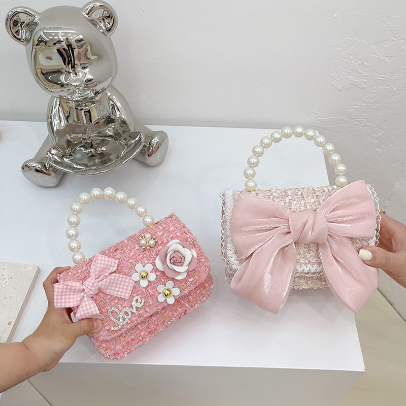 New Korean Fashion Woolen Cotton Linen Women’s Children’s Bow Pearl Handbag Handbag Women’s Bag