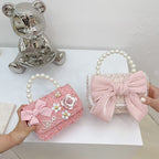 New Korean Fashion Woolen Cotton Linen Women’s Children’s Bow Pearl Handbag Handbag Women’s Bag