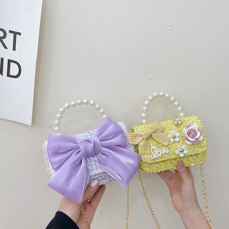 New Korean Fashion Woolen Cotton Linen Women’s Children’s Bow Pearl Handbag Handbag Women’s Bag