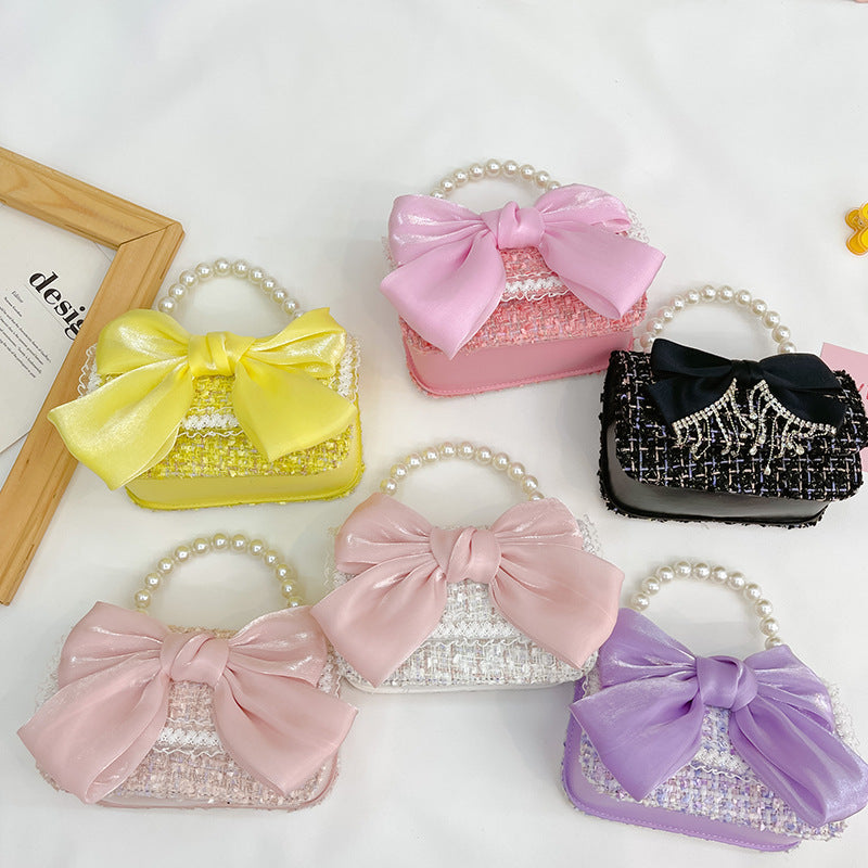 New Korean Fashion Woolen Cotton Linen Women’s Children’s Bow Pearl Handbag Handbag Women’s Bag