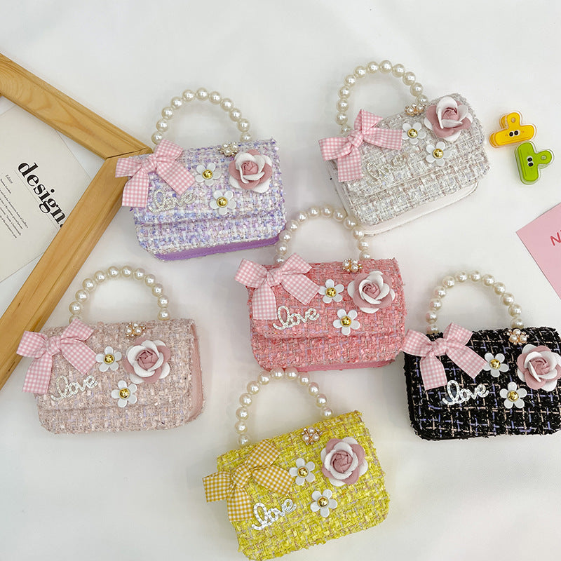 New Korean Fashion Woolen Cotton Linen Women’s Children’s Bow Pearl Handbag Handbag Women’s Bag