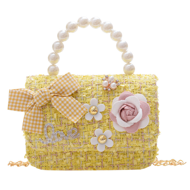 New Korean Fashion Woolen Cotton Linen Women’s Children’s Bow Pearl Handbag Handbag Women’s Bag