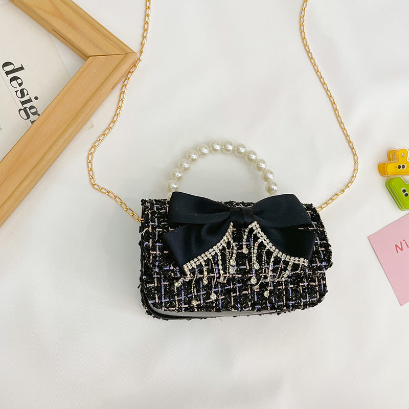 New Korean Fashion Woolen Cotton Linen Women’s Children’s Bow Pearl Handbag Handbag Women’s Bag - Large Black