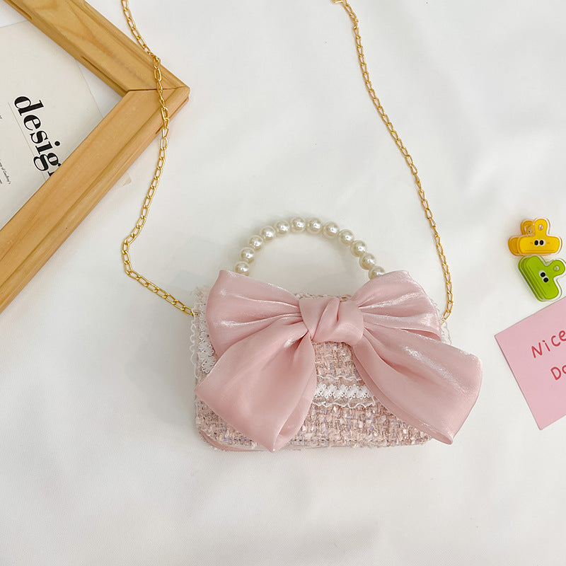 New Korean Fashion Woolen Cotton Linen Women’s Children’s Bow Pearl Handbag Handbag Women’s Bag - Large Pink